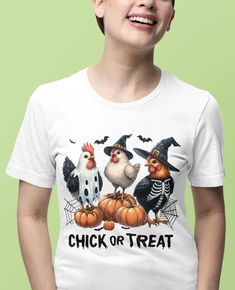 This "CHICK OR TREAT" Halloween themed Chicken design is the perfect Funny Halloween Shirt/Gift for Animal Lovers! All of our shirts are super soft and cozy! Ø Bella and Canvas Brand Shirts Ø Unisex Adult Sizing Ø Props used in photos or videos are NOT included with purchase WASHING INSTRUCTIONS Ø Wash inside out, in cold water, on gentle cycle. Tumble dry low or let air dry Ø Do not use Fabric Softeners or Bleach Ø Do not dry clean. Avoid ironing on the design. Inside out ironing will make the design last longer  SIZE Ø Please take a look at the photos for a specific sizing chart for this t-shirt style Ø Lay your shirt at home flat and measure armpit to armpit to compare to the size chart in the photos  RETURNS OR EXCHANGES Ø Unfortunately, since all of our shirts are custom printed just Novelty T-shirt For Costume Party, Party Chicken, Chick Shirt, Chicken Pumpkin, Chicken Design, Chicken Shirt, Chicken Shirts, Funny Chicken, Chicken Humor