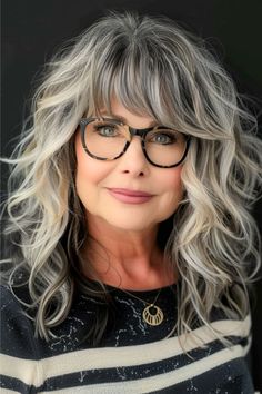 Long Layered Loose Curls with Bangs Hairstyle for Women Over 50 with Bangs. Hair Styles That Frame The Face, Gray Hair Layered Hairstyles, Layered With Bangs Medium, Hairstyles For Gray Hair Over 50 Classy, Grey Hair With Bangs Over 50, Edgy Shag Haircut With Bangs, Long Layered Grey Hair, Grey Wolf Cut, Long Hair With Bangs Over 50