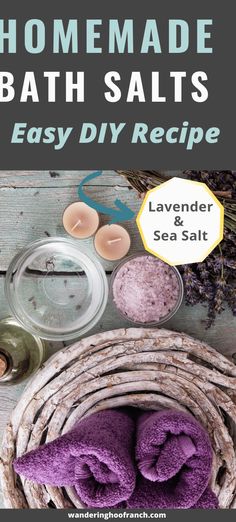 Make your own homemade bath salts with this easy to follow DIY tutorial and recipe for lavender and sea salt bath salts. This recipe uses baking soda, epsom salts, sea salt and lavender buds with the option of essential oils for the perfect relaxing bath to soothe and ease your body into relaxation. Also can be used as a foot soak. Bath Tea Recipe, Homemade Bath Salts, Floral Bath Salts, Herbal Bath Tea, Salt Recipes