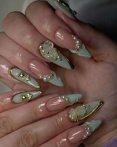 Coastal Nails Aesthetic, Cute Almond Nails Design Winter, Mermaid Nails Ideas, Greek Goddess Nails Designs, Winter Birthday Nails Almond, Fun Nails Almond, Nails Acrylic Pearl, Light Blue Pearl Nails, Prom Nails Aesthetic