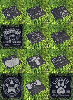 many different black and white signs in the grass with paw prints on them, including one for