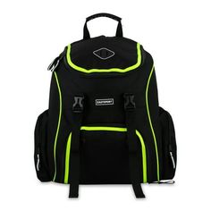 a black backpack with neon green trims on the front and side pockets, it has a