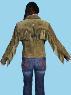 Olive fringe and beaded suede jacket by Scully. This classic western jacket has a flattering fit. It features fringe yokes front and back and down the sleeves. This western design features conchos with beaded fringe and stud and bead design detail. Lined. Perfect western style jacket for any cowgirl. * NOTE: CUSTOMERS REPORT THAT THIS JACKET RUNS SMALL. CHECK SIZE CHART IN THE PRODUCT PHOTOS. Color: Olive green Flat rate shipping of $14 applies to leather coats and jackets. Fall Festival Long Sleeve Leather Jacket, Long Sleeve Leather Jacket For Fall Festivals, Winter Festival Outerwear With Beaded Fringe, Rodeo Outerwear With Tassels, Winter Festival Fitted Leather Jacket, Fitted Leather Jacket For Winter Festival, Fitted Fringe Outerwear For Winter, Long Sleeve Beaded Fringe Festival Outerwear, Western Winter Outerwear With Fringe