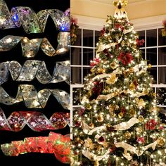 a christmas tree decorated with ribbons and lights next to a window filled with holiday decorations