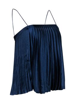 Elevate your evening ensemble with this chic accordion cami from Vince. Boasting a soft and sleek satin material in a gorgeous navy, this perfectly pleated top is perfect for date night. Style it with light-wash denim or a maxi skirt for a lovely look. Size XS 100% Polyester Pullover Spaghetti straps Straight neckline Pleated Bust 29.5" Waist 37" Shoulder to hem 21.5" Chic Silk Pleated Top, Chic Pleated Silk Top, Silk Chic Camisole For Date Night, Chic Silk Camisole For Date Night, Chic Blue Evening Tank Top, Chic Blue Tank Top For Evening, Satin Spaghetti Strap Top For Evening, Evening Satin Tops With Spaghetti Straps, Chic Satin Camisole For Evening