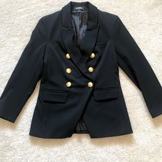 Express Black Blazer/ Suit Jacket With Gold Tone Hardware Size 2, Never Worn. No Flaws, Excellent Condition, Lightly Padded Shoulders. Long Sleeve Blazer With Gold Buttons For Work, Black Double-breasted Blazer For Office, Black Blazer Dress With Double Button Closure For Career, Black Blazer Dress With Double Button For Career, Career Black Blazer Dress With Double Button Closure, Fall Blazer Dress With Gold Buttons, Black Blazer Dress For Career In Fall, Fall Outerwear With Gold Buttons And Suit Collar, Chic Outerwear With Gold Buttons And Suit Collar