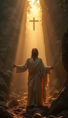 jesus in the light of the cross with his arms spread wide open and hands outstretched