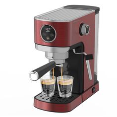 a red espresso machine with three shot glasses