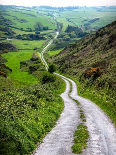 a dirt road in the middle of a lush green valley with rolling hills on either side