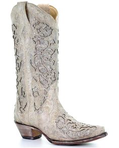 Corral Women's Glitter Inlay and Crystals Wedding Boots - Snip Toe, White Country Shoes Boots, Classic Black Boots, Crystals Wedding, Country Shoes, White Cowboy Boots, Wedding Boots, Corral Boots, Western Boots Women, Glitter Shoes