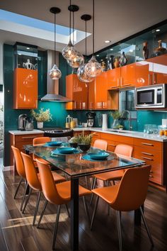 an orange and blue kitchen with lots of chairs around the dining table in front of it