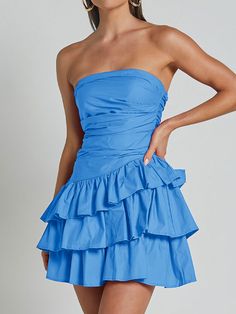 Off shoulder ruffle dress Blue Hoco Dress, Off Shoulder Ruffle Dress, Semi Dresses, Cute Formal Dresses, Cute Homecoming Dresses, Hoco Dress, Shoulder Ruffle Dress, Theme Dress, Grad Dresses