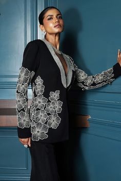 Black blazer with floral cutdana and pearl embroidery and shawl collar. Paired with a flared embroidered pant. - Aza Fashions Elegant Sets With Resham Embroidery And V-neck, Evening Sets With Chikankari Embroidery, Elegant Black Set With Embroidered Sleeves, Traditional Chikankari Embroidery Sets For Evening, Long Sleeve Sets With Pearl Embroidery For Evening, Pearl Blazer, Pearl Shawl, Pearl Embroidery, Embroidered Pants