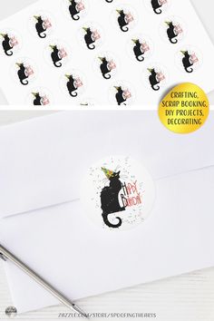 a black cat with a party hat on its head sticker is shown next to an envelope