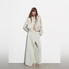 Zara Pareo Style Cropped Pants Nwt. Size Xxl Color Pearl Grey. Chic Spring Pantsuit With Long Pants, Zara Wide Leg Summer Pantsuit, Zara Summer Wide Leg Pantsuit, Casual High-waisted Spring Pantsuit, Pareo Pants, Zara Wide Leg Pants For Spring Workwear, Chic Spring Pantsuit With High-waisted Pants, Spring Chic Pantsuit With High-waisted Pants, Chic High-waisted Spring Pantsuit