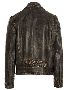 100% Calf leather Leather Jacket With Rivets, Leather Jacket With Rivets Long Sleeve, Leather Biker Jacket With Rivets, Designer Leather Jacket With Rivets For Fall, Edgy Brown Leather Biker Jacket, Luxury Fall Outerwear With Rivets, Biker Leather Outerwear With Rivets, Leather Outerwear With Rivets For Biker Events, Fall Leather Biker Jacket With Rivets