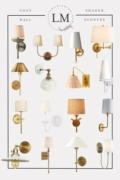 an assortment of lamps and shades for wall sconces in various shapes and sizes