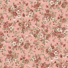 a pink floral wallpaper with white and red flowers on the bottom half of it