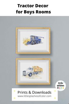 two watercolor paintings hanging on the wall with text overlay that reads tractor decor for boys rooms