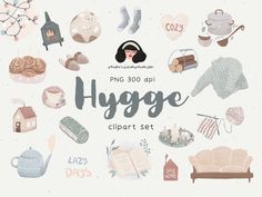 the hygge clipart set includes tea, books, and other things