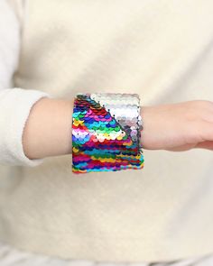 A fun accessory for your little trendsetter. These reversible sequin bracelet cuffs are flippin' fun! Sequin Bracelet, Bracelet Cuffs, Dinosaur Dress, Sequin Mask, Green Tutu, Twirly Dress, Star Magic, Rainbow Bracelet, Rainbow Dress