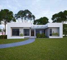 a modern house with grass and trees in the background