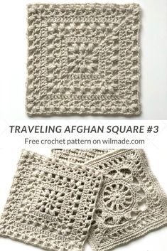 two crocheted squares are shown with the text traveling afghan square 3 free crochet pattern