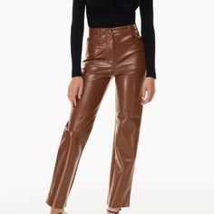 Brand New With Tags Aritzia Melina Pants In Cognac Size 4 Vegan Leather Brown Leasther Pants, Melina Pant Aritzia, Aritzia Melina Pant, Melina Pants, Green Linen Pants, Black Flared Leggings, Melina Pant, Brown Leather Pants, Carrot Pants