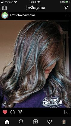 Light Blue Highlights In Brown Hair, Blue Lowlights In Brown Hair, Teal Highlights In Brown Hair, Brown Hair Dyed Blue, Brown Hair With Blue Highlights, Blue Brown Hair, Lovely Hairstyles