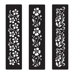 three decorative stencils with flowers and leaves on them, one is black and the other is white