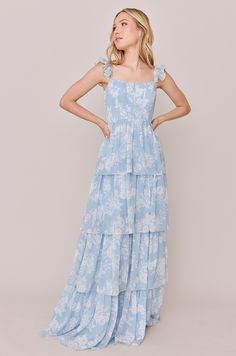 Poppy Chiffon Floral Print Dress Dusty Blue Floral Bridesmaid Dresses, Blue Floral Bridesmaid Dresses, Wedding Parties Colors, Floral Bridesmaid Dresses, Blue Floral Maxi Dress, Corset Boning, Large Floral Print, Chiffon Floral, Blue Bouquet