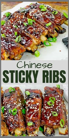 chinese sticky ribs on a plate with green onions and sesame seed sprinkles