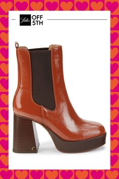 These Stylish Chelsea Boots Set On A Stacked Heel Are Enhanced With A Glossy Finish. Synthetic Upper With Textile Trim Square Toe Slip-On Back Pull Tab Lining: Synthetic Padded Insole Synthetic Sole Imported Size Block Heel, 3.75" (95mm) Platform, 1.25" (32mm) Shaft Height, About 6". Shoes - W Trend Shoes > Saks Off 5th. Circus Ny. Color: Toffee. Size: 8.5. Square Toe Chelsea Boots, Trend Shoes, Boots On Sale, Swag Shoes, Boots For Sale, Pull Tab, Stacked Heel, Boot Shoes Women, Sam Edelman