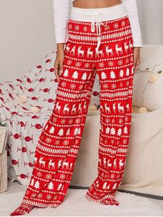 Festive Wide Leg Pants For Holidays, Casual Christmas Holiday Bottoms, Red Holiday Long Pants, Holiday Red Long Pants, Red Long Pants For Holiday, Red Bottoms For Christmas Holiday, Casual Christmas Holiday Pants, Casual Christmas Loungewear Bottoms, Christmas Loungewear Pants