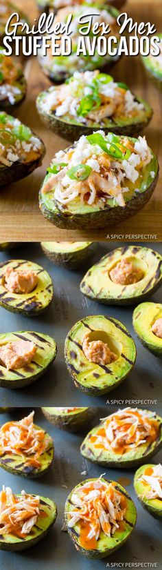 stuffed avocados with shredded cheese and other toppings