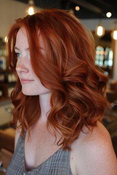 Person with medium-length, wavy red hair, and fair skin, smiling softly in a well-lit salon. Balayage Technique