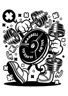 a black and white drawing of a barbell with dumbs on his feet, holding a weight plate