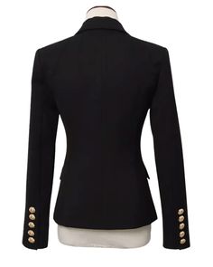 Tanya Black Double Breasted Blazer with Gold Buttons - SLIM FITFeatures: - Slim Fit Design - Single Gold Button Closure - Gold Button Cuffs - Peak Lapels - Two Faux Side Pockets - Shoulder Padding The Tanya Black Double Breasted Blazer is the ultimate must-have for any wardrobe: the perfect classic black blazer for women. This blazer is expertly crafted to perfection, with an exquisite blend of style and functionality that is sure to impress. The gold button detailing adds a touch of luxury and Black Blazer For Women, Black Double Breasted Blazer, Blazer For Women, Breasted Blazer, Double Breasted Blazer, Black Blazer, Gold Buttons, Blazers For Women, Large Black