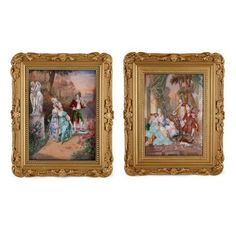 two framed paintings of people sitting on the ground