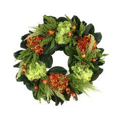 a green wreath with orange flowers and leaves