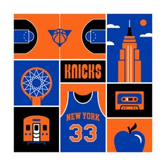 an orange and blue poster with the words new york on it