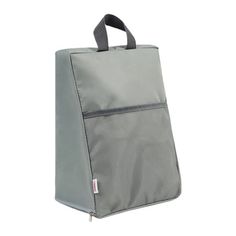 a gray bag that is on top of a white wall and it's zippered