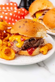 two hamburgers and macaroni fries on a plate