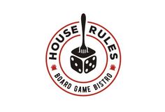 the logo for house rules board game bistro, which has two dice and a fork in it