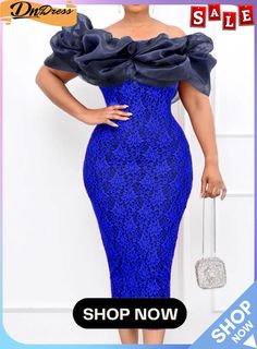 Women Spring Blue Flower Lace Off Shoulder Midi Party Dress Elegant Blue Evening Dress With Ruffles, Blue Ruffled Evening Dress For Party, Elegant Blue Dress With Ruffles, Chic Blue Evening Dress With Ruffles, Glamorous Blue Ruffled Evening Dress, Glamorous Blue Evening Dress With Ruffles, Blue Lace Mini Dress For Prom, Spring Party Lace Evening Dress, Blue Cocktail Dress For Evening