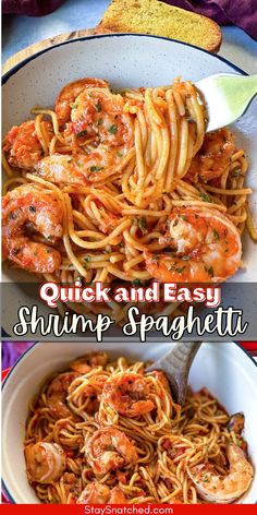 pasta with shrimp and tomato sauce in a white bowl next to bread on the side