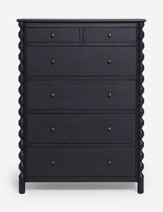 a black dresser with gold knobs on the top and bottom drawers, against a white background