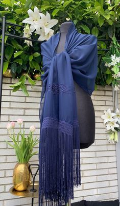 A very elegant organza shawl for your wedding party or evening dress. Made of luxury embroidered with flowers chiffon. Color: navy blue Size : 200 cm x 60 cm You can use it as a wrap, shawl or stola. WE have matching bags in our Etsy Shop! WE accept credit cards! Elegant Blue Shawl For Parties, Elegant Blue Fall Shawl, Elegant Georgette Shawl, Bohemian Blue Shawl For Weddings, Shawls And Wraps Formal Blue, Elegant Blue Shawl For Evening, Elegant Blue Shawl, Festive Blue Silk Shawl, Luxury Blue Elegant Shawl