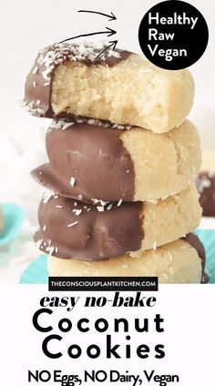 chocolate covered coconut cookies stacked on top of each other with text overlay reading healthy raw vegan easy no bake coconut coconut