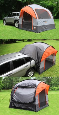 an suv is parked next to a tent in the grass with another car behind it